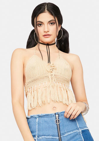 Nude Hippie Bliss Crochet Fringe Bra Top