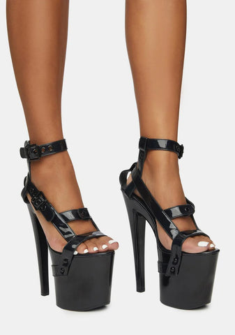 X Black Holographic Bondage Platform Heels