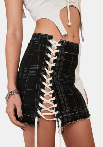 Distortion Patchwork Lace-Up Skirt