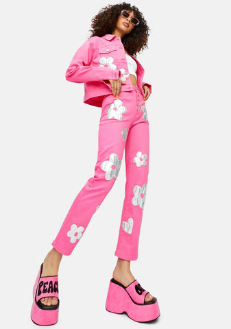 Heart Of Glass Holo Flower Applique Twill Pants