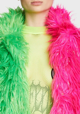 Balancing Act Faux Fur Jacket - Pink/Green