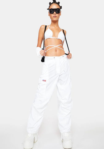 Silky White Flap Pocket Cargo Pants