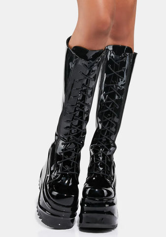 Patent Evil Intentions Wedge Knee High Boots
