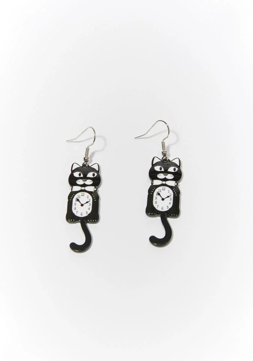 Noir Turning Back Time Cat Drop Earrings