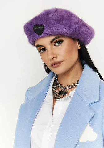 Ain't Easy Being Purple Fuzzy Heart Beret