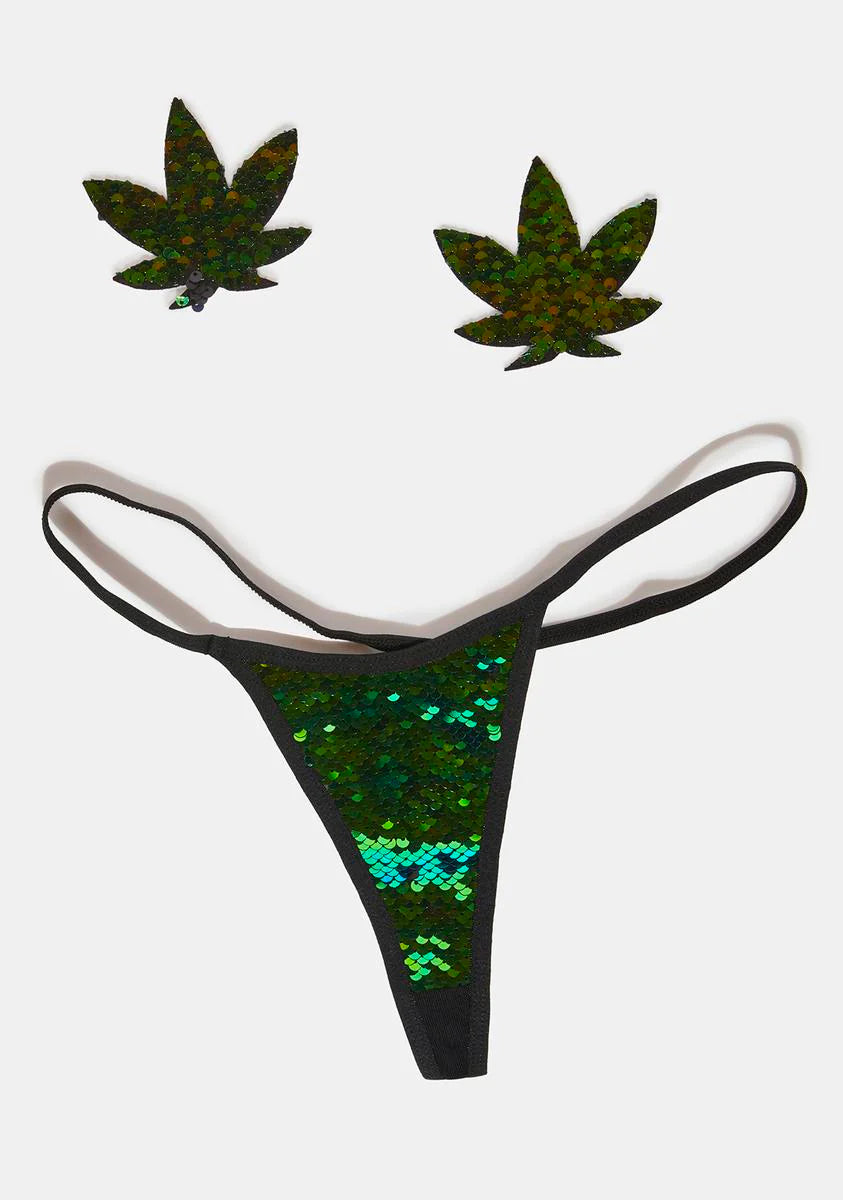 Green Sequin Weed Leaf Pasties & Thong Set