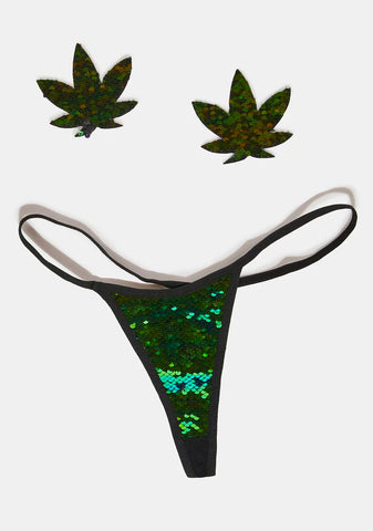 Green Sequin Weed Leaf Pasties & Thong Set