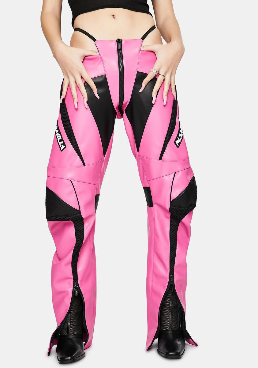 Motocross Pink Vegan Leather Panty Trousers
