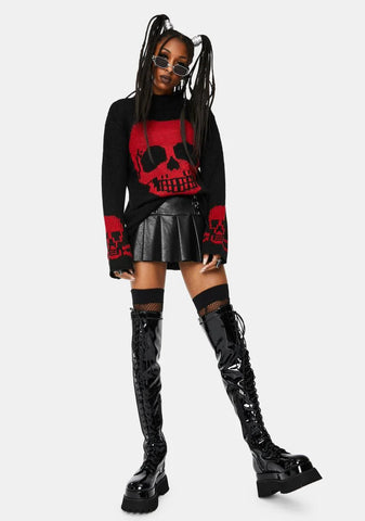 Red Knit Skull Sweater