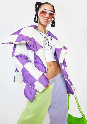 Purple Checkerboard Puffer Jacket