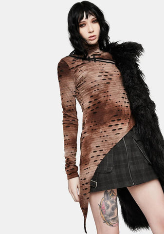 Brown Steampunk Asymmetrical Distressed T-Shirt