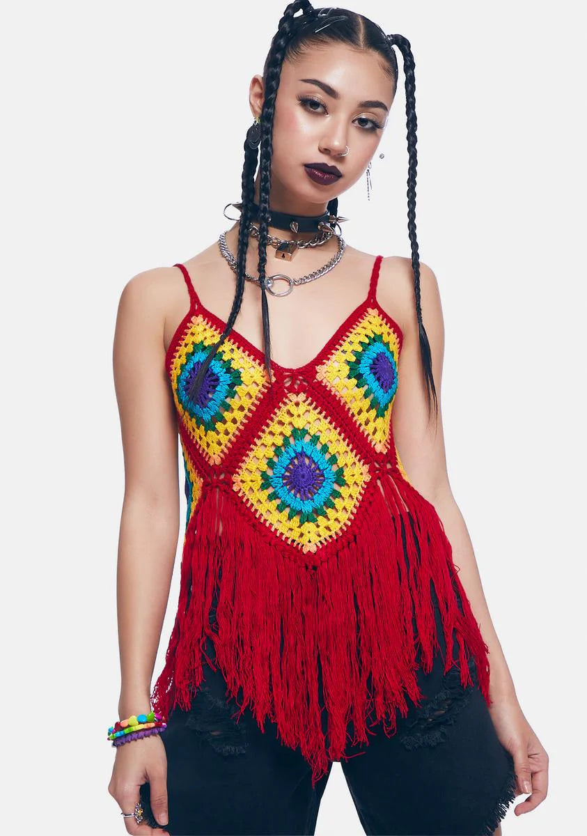 Mulberry Fields Of Sunlight Crochet Fringe Top