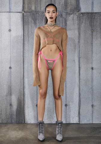 Snare Nude Mesh Bra And Logo Charm Thong Set