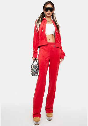 Coco Red Luxe Velour Rhinestone Logo Sweatpants