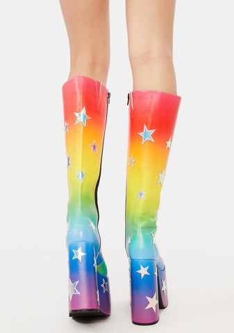 Shooting Star Knee High Boots - Rainbow