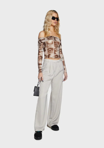 Taupe Satin Pintuck Wide Pants