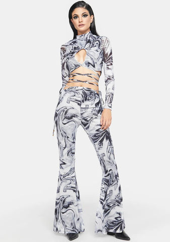 Mesh Swirl Print Cut Out Flare Trousers