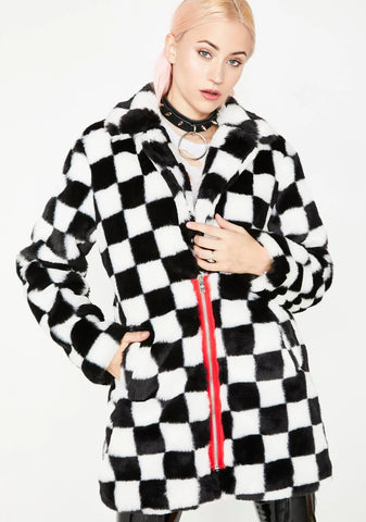 Mad Youth Checkered Faux Fur Coat