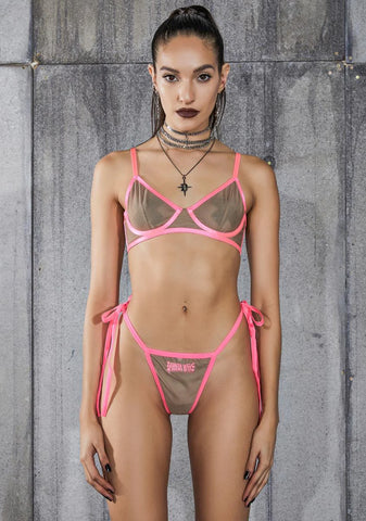 Snare Nude Mesh Bra And Logo Charm Thong Set