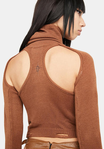 Atmosphere Brown Knit Cutout Turtleneck Top
