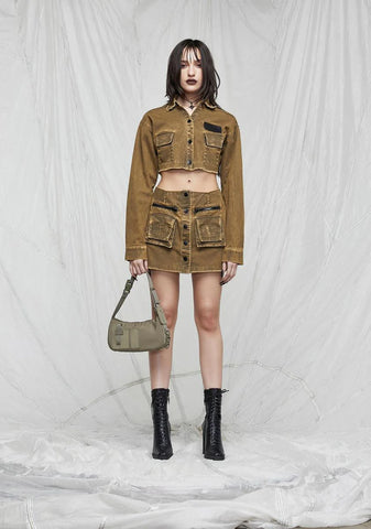 Synth Washed Button Up Crop Shirt