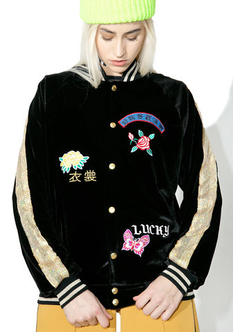Embroidered Velvet & Sequin Bomber Jacket