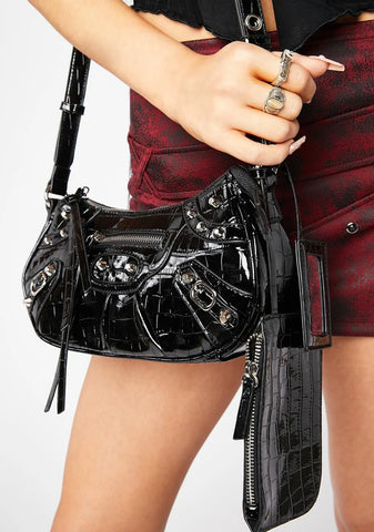 Trackstar Black Croc Shoulder Bag