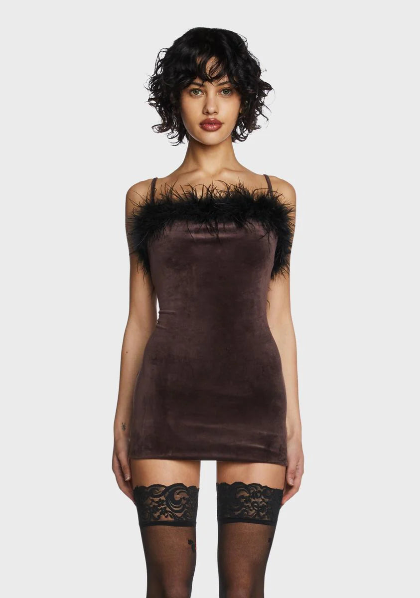 Brown Faux Fur Trim Mini Dress