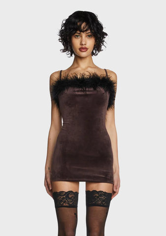 Brown Faux Fur Trim Mini Dress