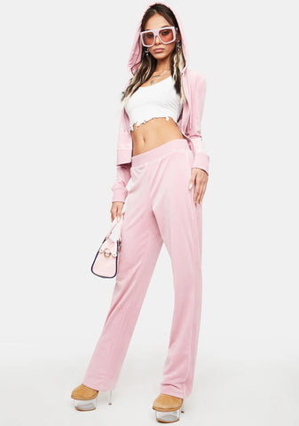Rose Luxe Velour Rhinestone Logo Sweatpants