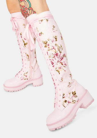 On The Vine Floral Lace Knee High Combat Boots
