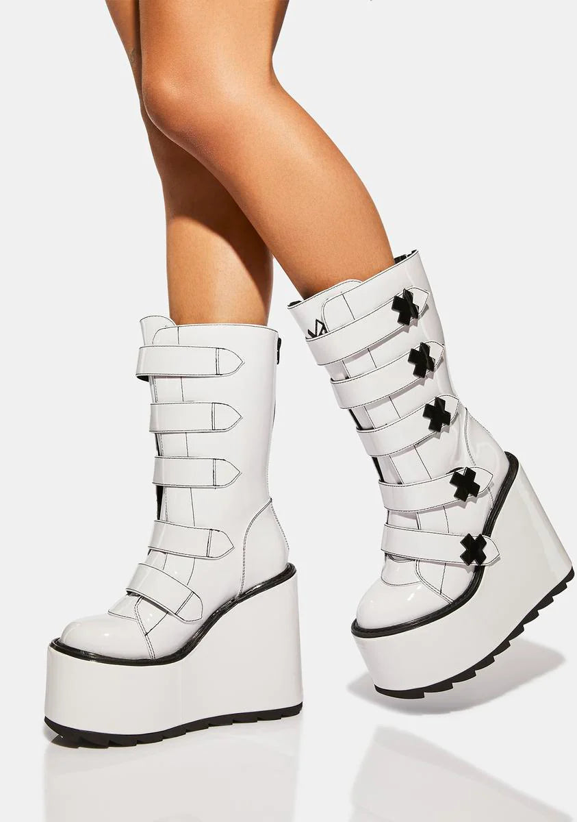 White Patent Dune Strapped Platform Boots