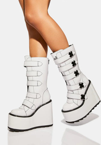 White Patent Dune Strapped Platform Boots