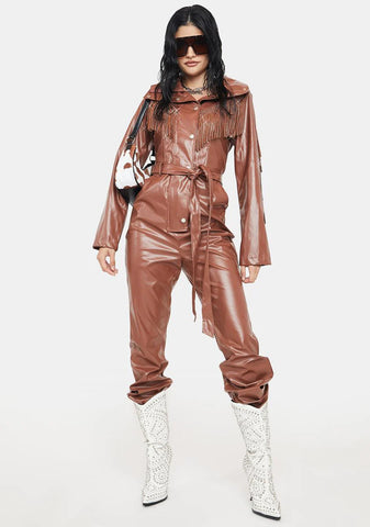 Mocha No Free Rides Fringe Jumpsuit