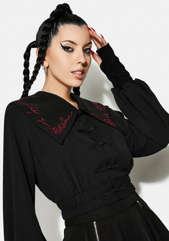 Navy Collar Embroidered Top