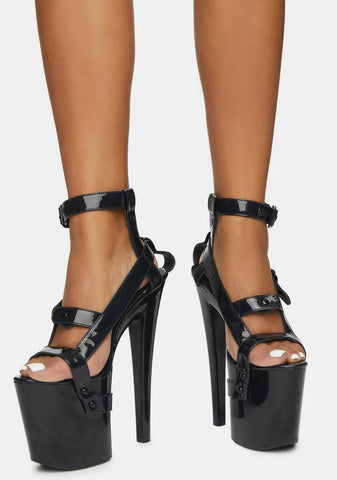X Black Holographic Bondage Platform Heels