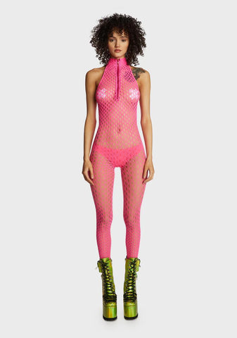 Sleepless Fever Zip Bodystocking - Neon Pink