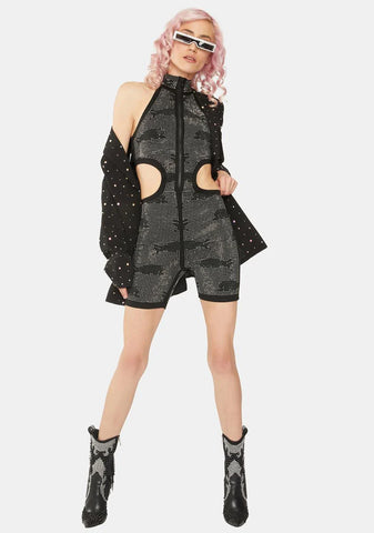 Black Compound Rhinestone Romper