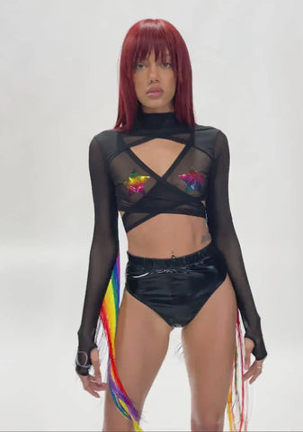 Technicolor Trip Fringe Wrap Top