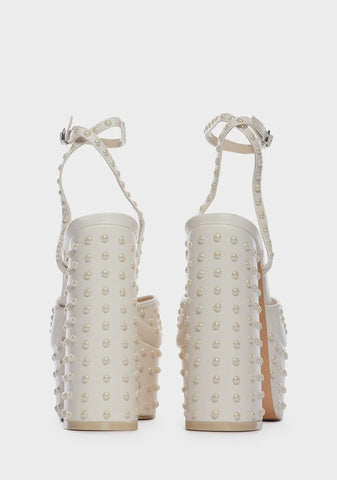 Ecru Mia Satin Pearl Platform Heels