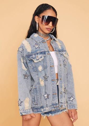 Star Power Distressed Denim Jacket