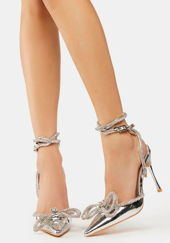 Silver Mirror Midnight Wrap Around Diamante Bow Heels