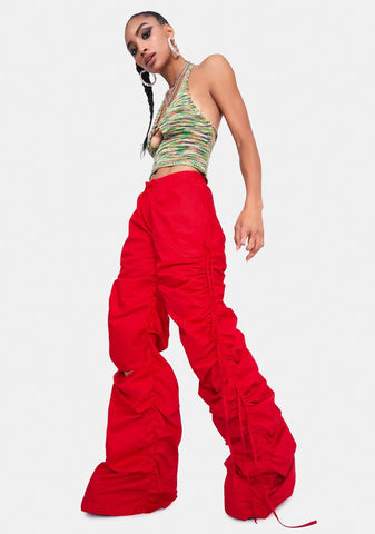 Red Cotton Wide Leg Cargo Trouser With Cut Out Ruched Detail