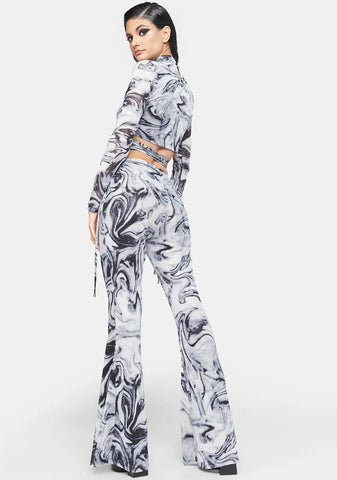 Mesh Swirl Print Cut Out Flare Trousers