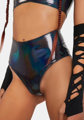 Black Holo PVC High-Waist Shorts