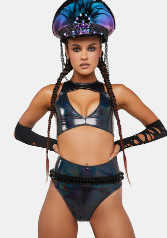 Black Holo PVC High-Waist Shorts