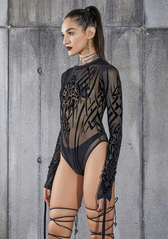 Snare Tattoo Print Mesh Bodysuit