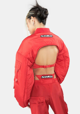 Red Nylon Bomber Choker Jacket
