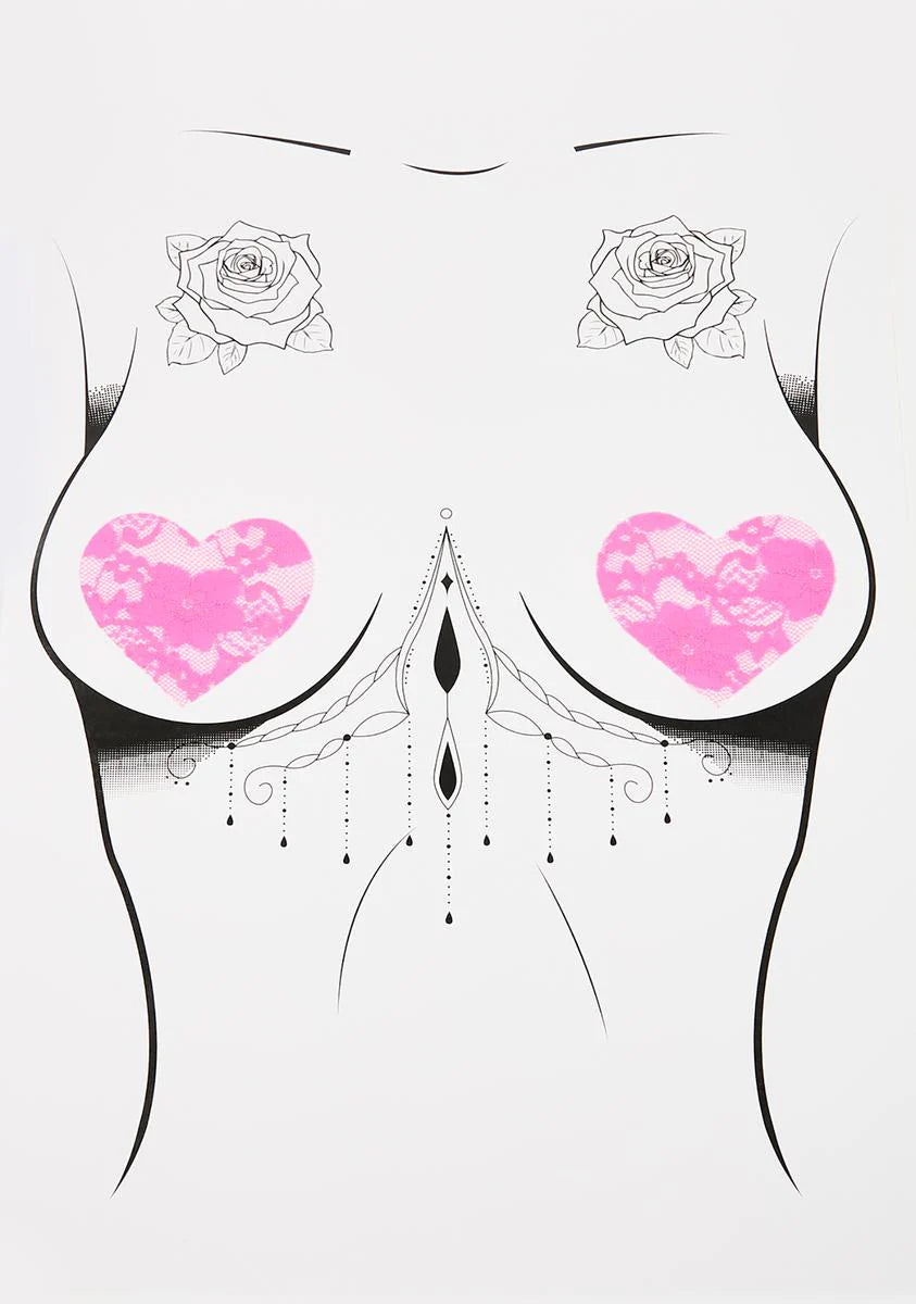 Black Light Pink Lace Heart Pasties
