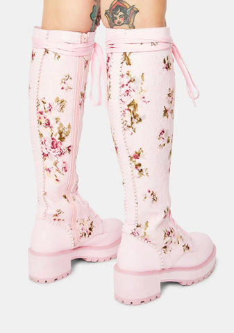 On The Vine Floral Lace Knee High Combat Boots
